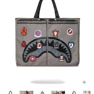 Sprayground Gray Tote with Shark and Patches (FIRM PRICE)